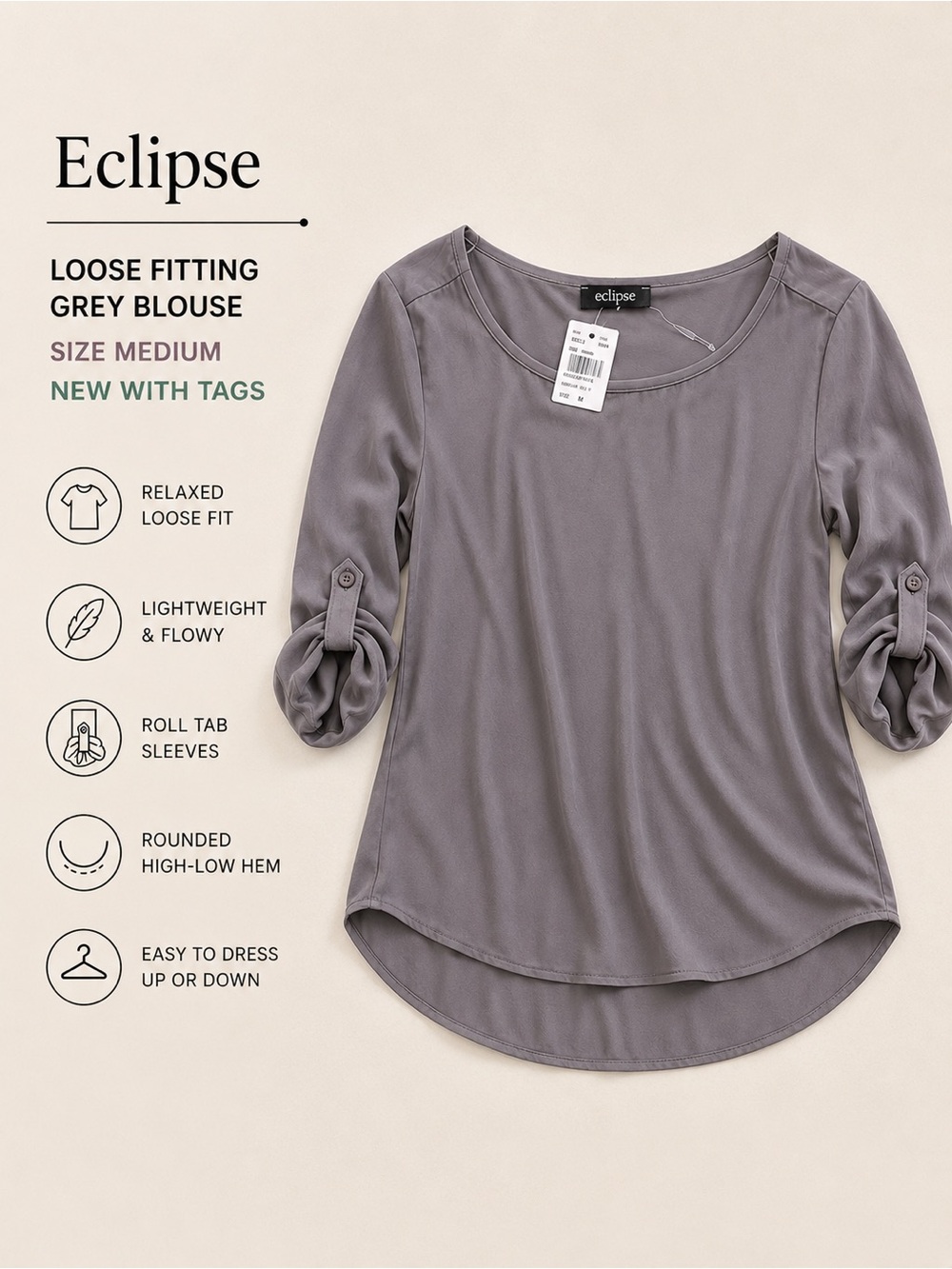 Eclipse Loose fitting grey blouse size medium NWT